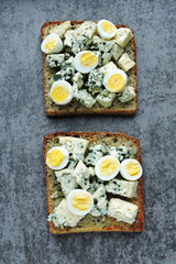 Keto diet. Toast with blue cheese and quail eggs. Keto toasts. Healthy snack.