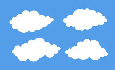 Fototapeta premium Set of funny clouds in flat style on blue background. Hand drawn illustration cartoon sky. Creative art work. Actual vector weather drawing