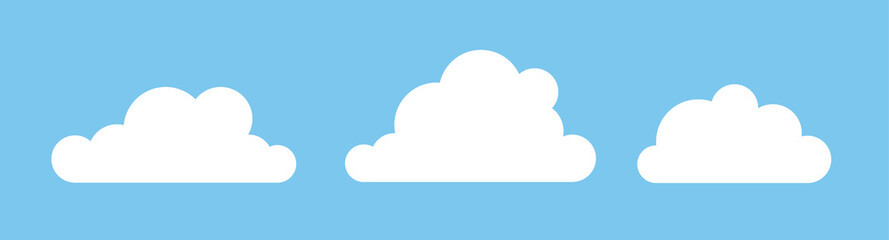 Set of funny clouds in flat style on blue background. Hand drawn illustration cartoon sky. Creative art work. Actual vector weather drawing