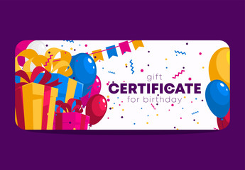 birthday gift certificate template, with balloons and gifts