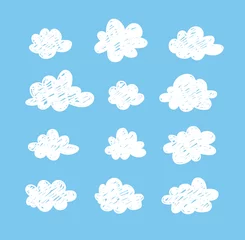 Plexiglas foto achterwand Set of funny clouds in doodle style on blue background. Hand drawn illustration cartoon sky. Creative art work. Actual vector weather drawing © pomolchim