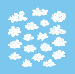 Set of funny clouds in doodle style on blue background. Hand drawn illustration cartoon sky. Creative art work. Actual vector weather drawing