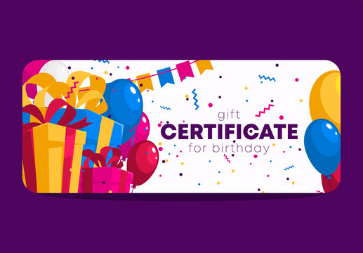 Birthday Gift Certificate Template, With Balloons And Gifts