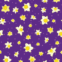 Fototapeta na wymiar Seamless pattern with daffodil flowers on purple background and stars