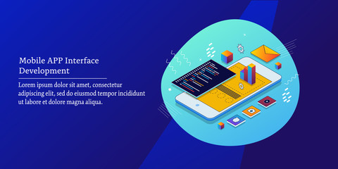 Isometric design, mobile app development, software and programming technology concept. Web banner template.