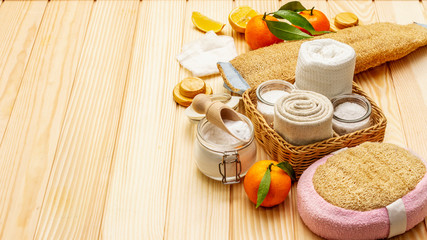 Zero waste home cleaning. Eco friendly products set, lifestyle concept. Natural ingredients, wooden boards background