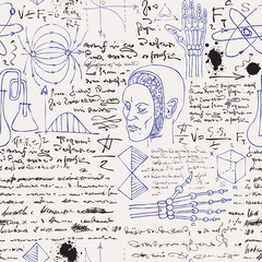 vector image of a seamless texture background in the style of sketches from the diary of a scientist inventor with formulas and notes
