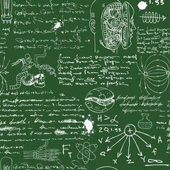 Fototapeta na wymiar vector image of a seamless texture background in the style of sketches from the diary of a scientist inventor with formulas and notes