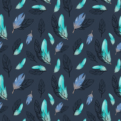 Digital illustration of a cute pattern of colored feathers turquoise blue speckled. Drawn in the style of a child’s illustration with a pencil print for cards, fabrics, design, games, posters.