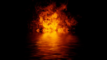 Blaze fire flame texture overlays on isolated background with water reflection.