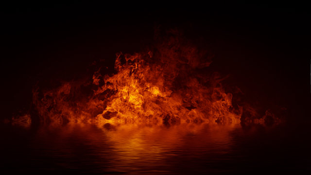 Blaze fire flame texture overlays on isolated background with water reflection.