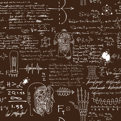 Fototapeta premium vector image of a seamless texture background in the style of sketches from the diary of a scientist inventor with formulas and notes
