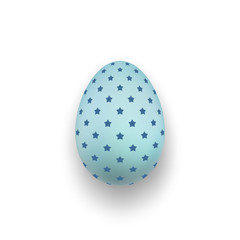 Easter egg 3D icon. Blue color egg, stars, isolated white background. Bright realistic design, decoration Happy Easter celebration. Holiday element. Shiny pattern. Spring symbol. Vector illustration