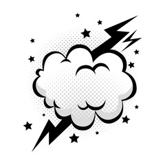 cloud with thunderbolt and stars pop art style icon vector illustration design