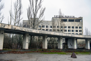 Hotel Polissya Polissia in Prypiat city, abandoned ghost town. Chornobyl exclusion zone. Ukraine, December 2019