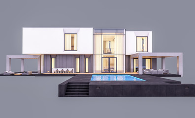3d rendering of modern cozy house in the garden with garage and pool for sale or rent in evening with cozy light from window. Isolated on gray
