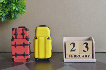 Appointment Date, February 23, Holiday, Travel cover with number cube and luggage.	