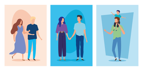 set scenes with young people and father carrying son on shoulders design