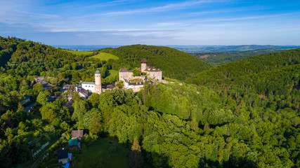 Fototapeta na wymiar Aerial view on Castle Sovinec, Eulenburg, robust medieval fortress, one of the largest in Moravia, Czech republic.