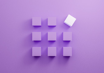 Fototapeta na wymiar Outstanding white box contrast purple cube and shadow on violet pastel background texture. Minimal flat lay concept. 3d rendering abstract geometric shape with podium design. Creative idea.