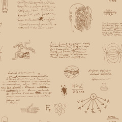 vector image of a seamless texture background in the style of sketches from the diary of a scientist inventor with formulas and notes