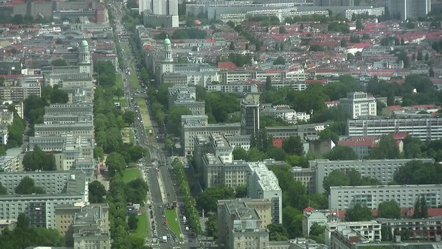 Long Aerial view over Berlin with Karl Marx Alee from TV Tower (Fernsehturm) towards Frankfurter Tor, Germany.