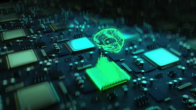Computer CPU chip, machine brain, artificial intelligence, learning, science. Artificial brain simulation, neural network, GPU, AI