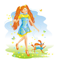 Obraz na płótnie Canvas Lady with the dog walks on a spring meadow. Redhead girl. Vector illustration.