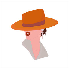 Vector graphics. Adorable, beautiful illustration of girl with hat and earring. Simple cartoon icon. 
