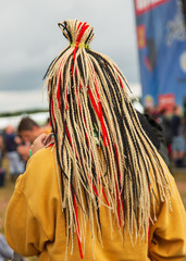 female hairstyle with multi-colored pigtails