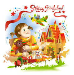 Card Happy birthday!. Girl and her toys gifts. Vector illustration.