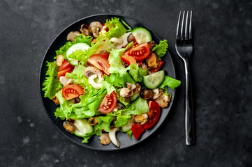 seafood salad, tomato, cucumber, sweet pepper, lettuce on a black plate on a stone background