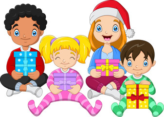 Children sitting while hugging gifts