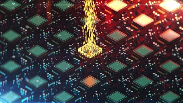 Computer processor receiving new bits of information, machine learning, AI, CPU. Artificial brain simulation, neural network, GPU, AI