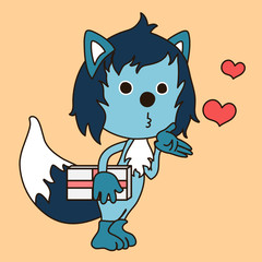young wolf with blue wool holds a gift in his hand and blows a kiss, color clip art on pink isolated background with hearts