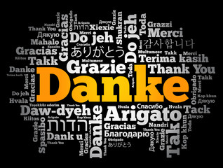 Danke (Thank You in German) word cloud background in different languages