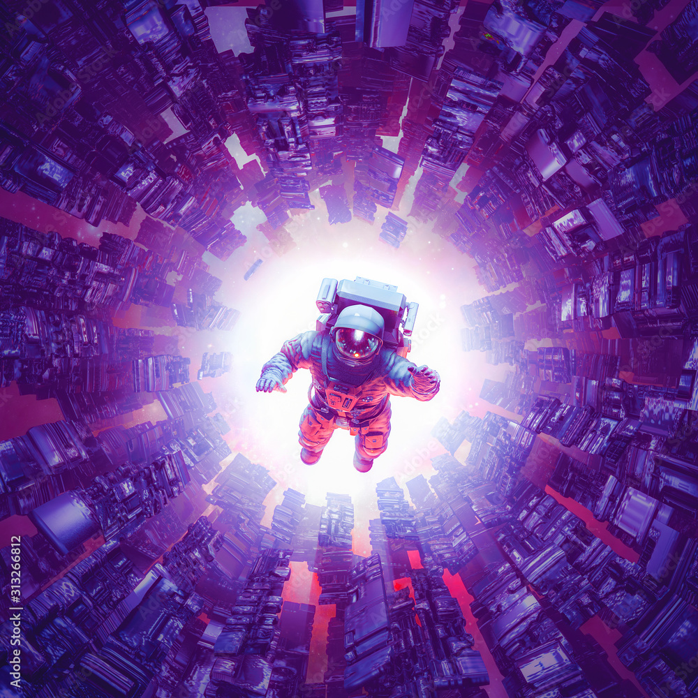 Poster space time singularity / 3d illustration of astronaut floating inside abstract alien machine