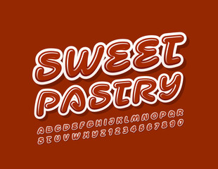 Vector tasty Sign Sweet Pastry. Bright Alphabet Letters and Numbers. Glossy Font for Marketing and Promotion.