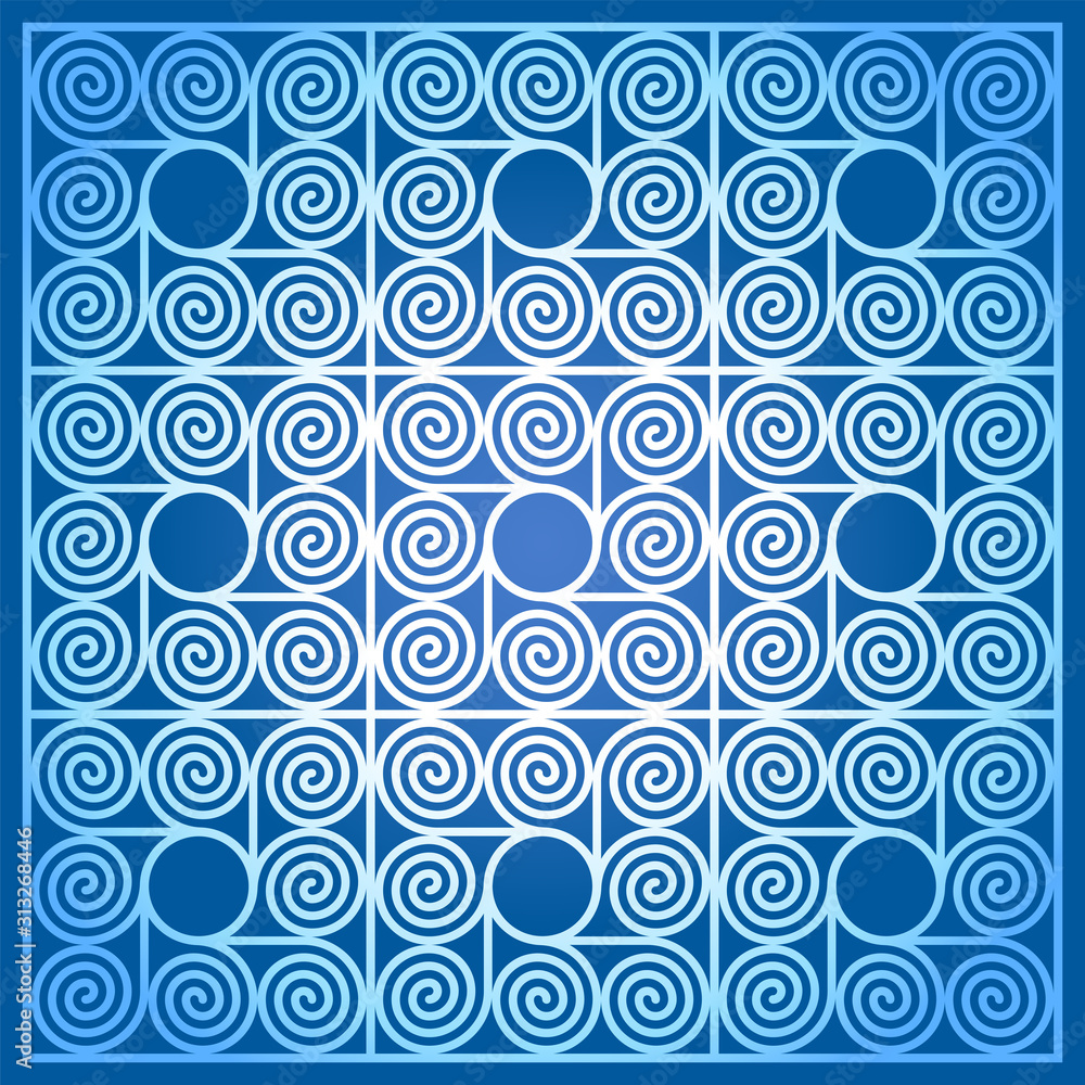 Poster blue colored background of nine square shaped tiles, made of arithmetic spirals around a circle. pat