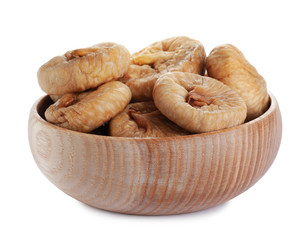 Tasty dried figs in bowl isolated on white