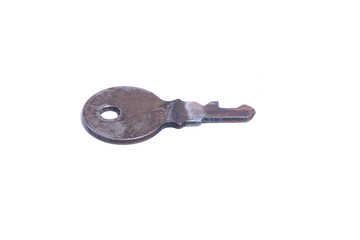 Closeup of an old key, showing heavy usage marks. Isolated on white.