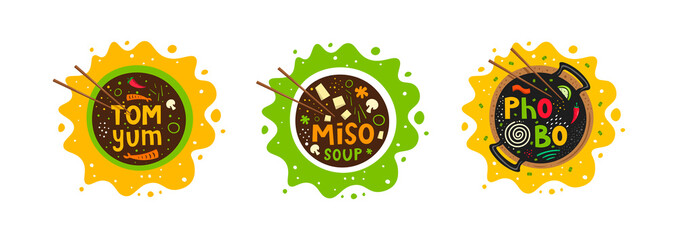 Tom yum, pho bo, miso soup in a bowl vector illustration of ingredients. Hand drawn food elements. Restaurant poster.