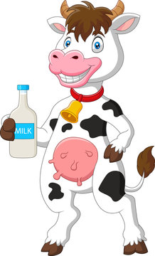 Cute cow cartoon with milk bottle
