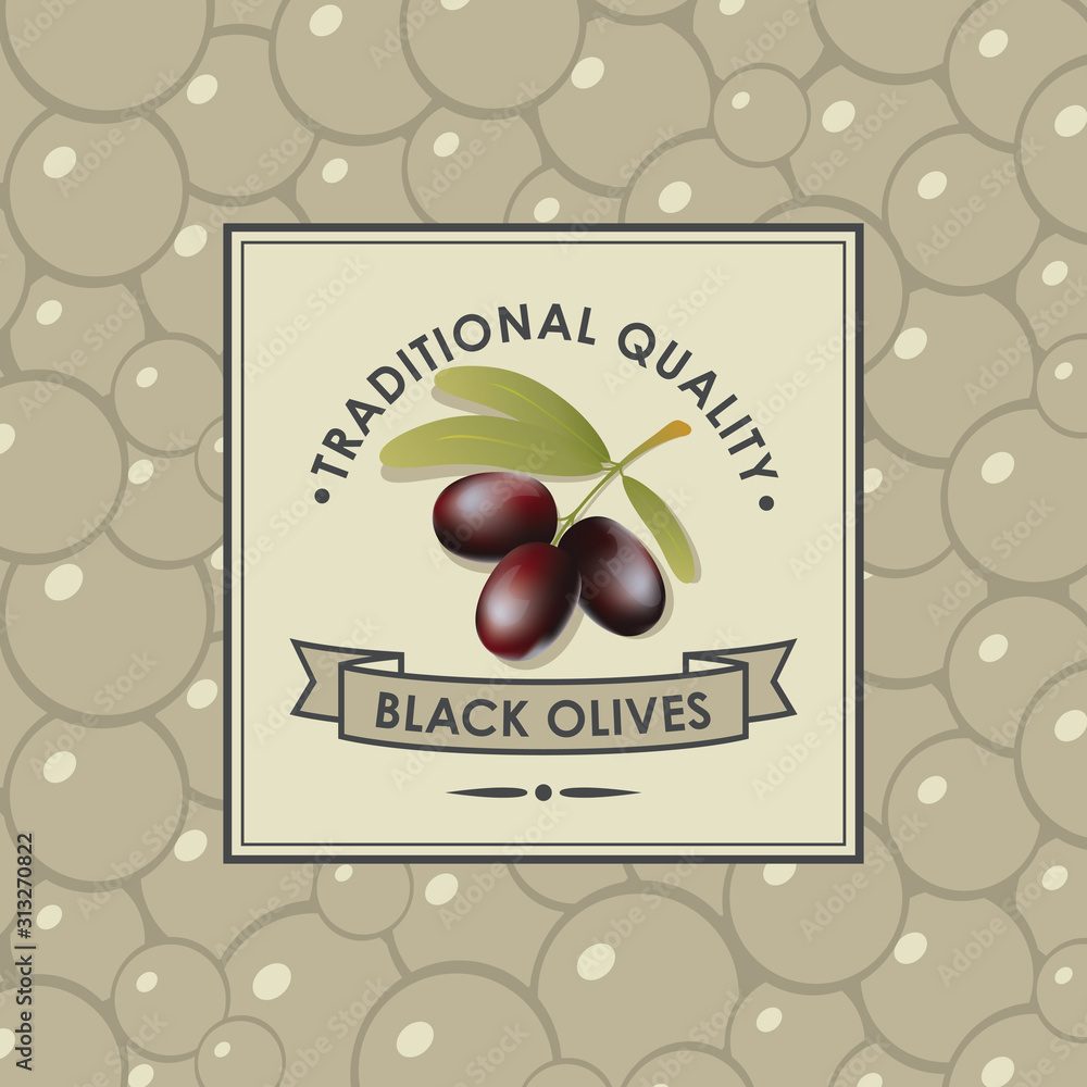 Poster vector banner or label for black olives with olive twig and ribbon in retro style on a decorative ba