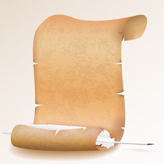 Old blank scroll paper and feather. Vector illustration.