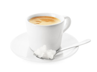 Delicious coffee with organic coconut oil isolated on white