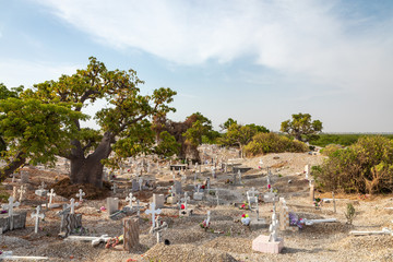 Cemetery at Joal-Fadiouth. Christian graves and crosses next to large baobabs. Fadiauth Island....