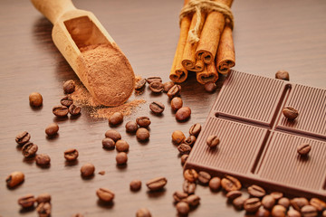 chocolate bar and coffee beans