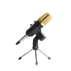 Modern microphone isolated on white. Journalist's equipment