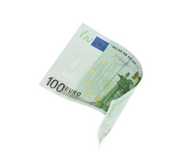 Euro banknote isolated on white. Flying money